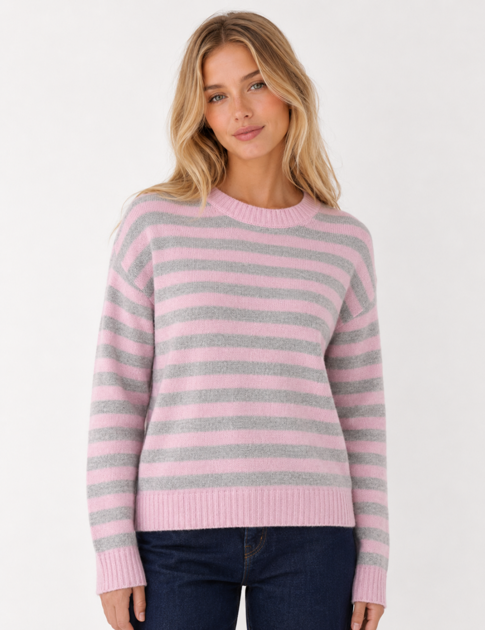 Ladies Horizontal Stripe Crew Neck Drop Shoulder Knit Sweater