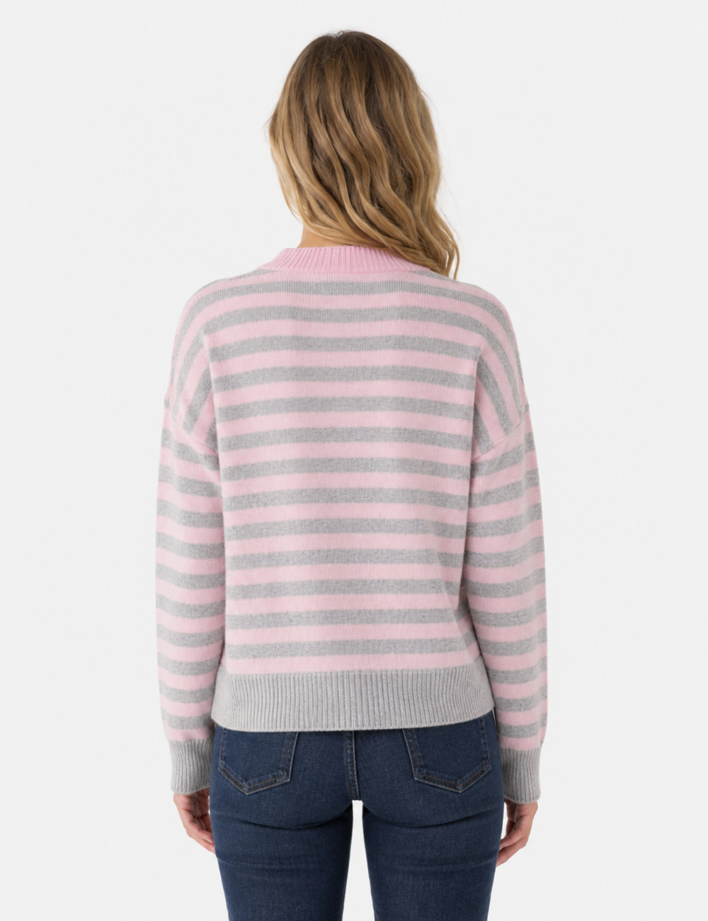 Ladies Horizontal Stripe Crew Neck Drop Shoulder Knit Sweater