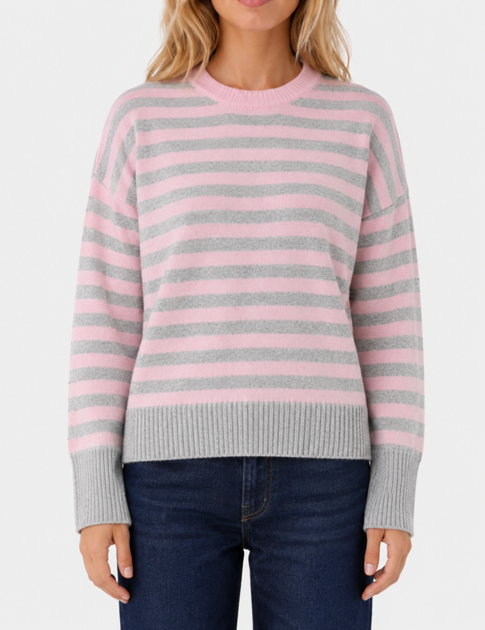 Ladies Horizontal Stripe Crew Neck Drop Shoulder Knit Sweater