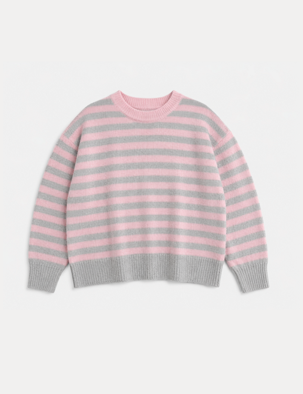 Ladies Horizontal Stripe Crew Neck Drop Shoulder Knit Sweater