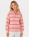 Ladies Horizontal Stripe Half Zip Collar Knit Sweater