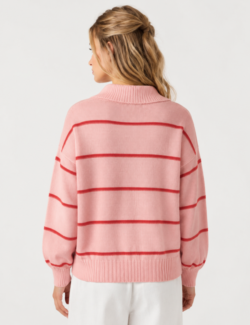 Ladies Horizontal Stripe Half Zip Collar Knit Sweater