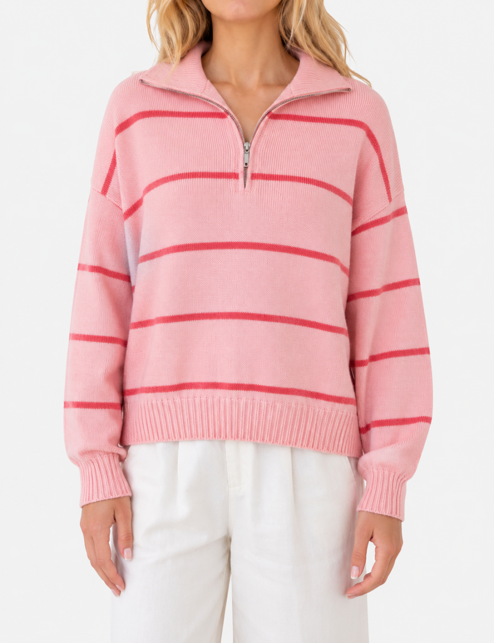 Ladies Horizontal Stripe Half Zip Collar Knit Sweater