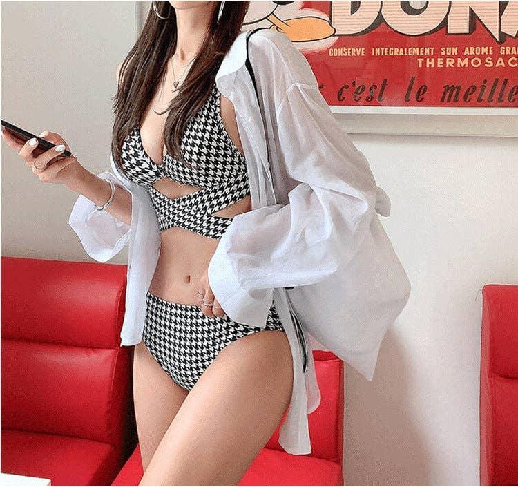Plaid Front Cross Double Shoulder Strap Bikini Swimsuit