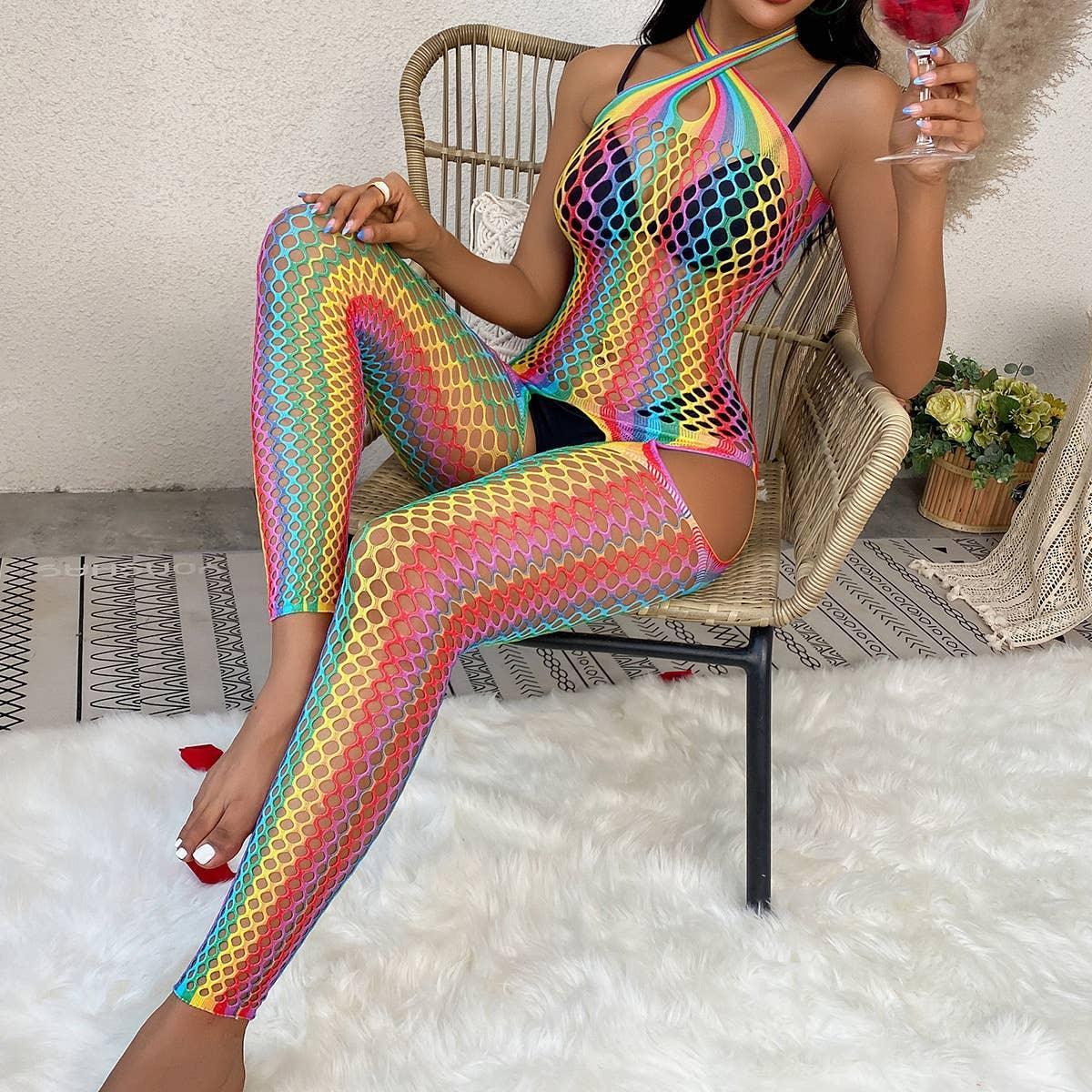 Rainbow Color Fishnet See Through Bodystocking WY-2110107