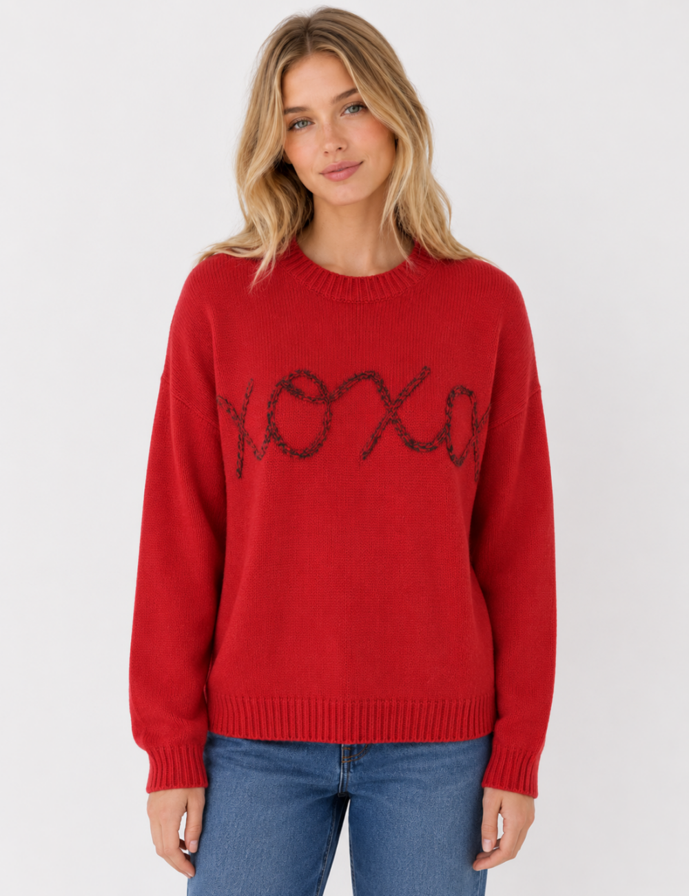 Ladies XOXO Letter Embroidery Crew Neck Knit Sweater