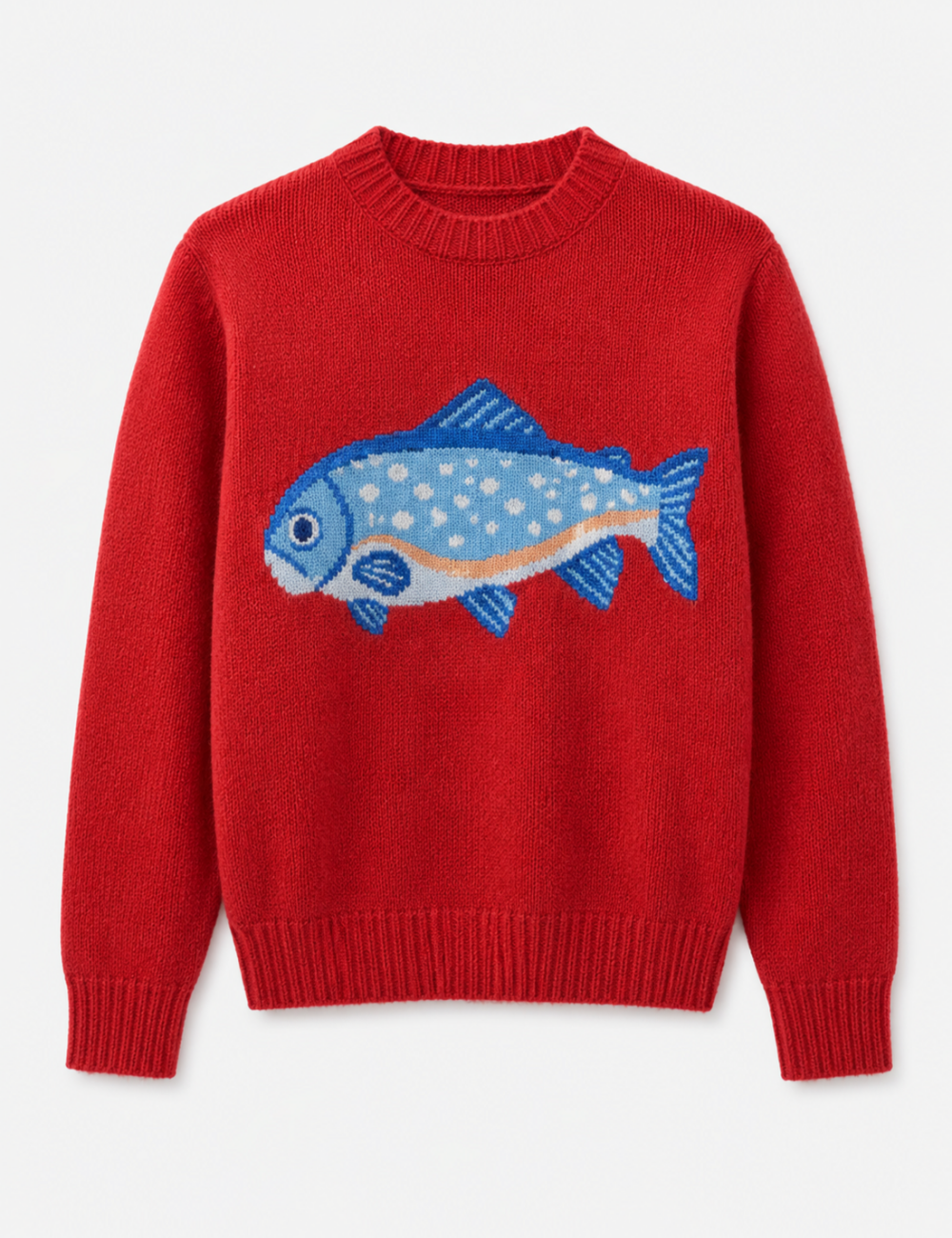 Ladies Fish Jacquard Crew Neck Cropped Knit Sweater