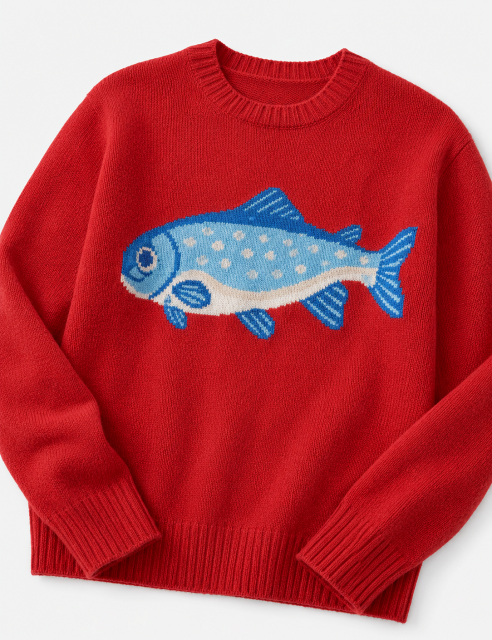 Ladies Fish Jacquard Crew Neck Cropped Knit Sweater