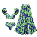Ruffle Shoulder 2PCS Bikini Set with Skirt/Pants Cover