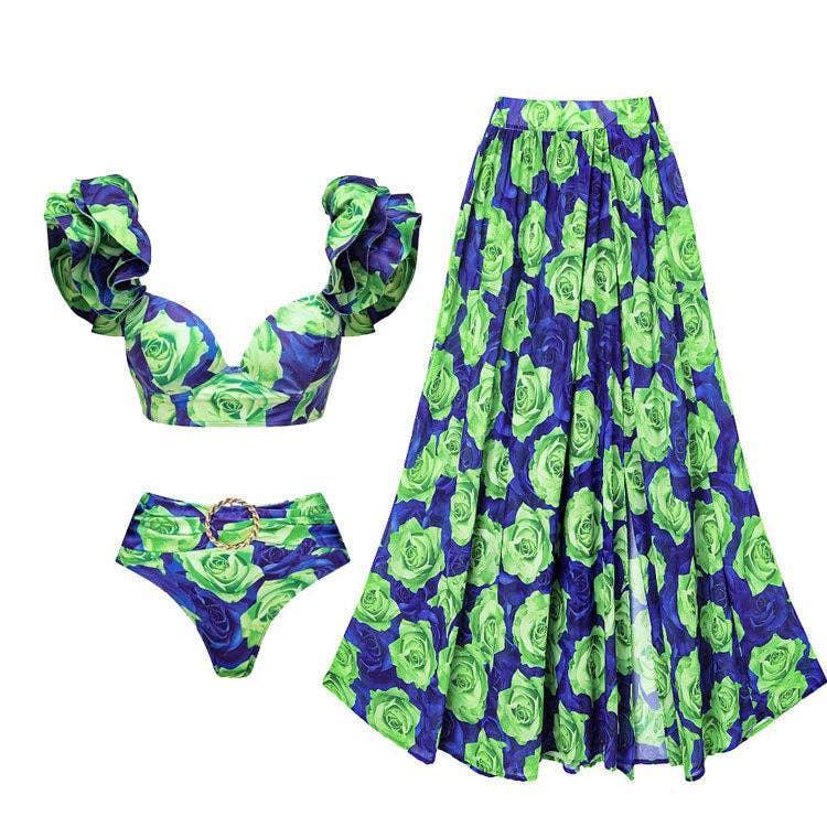 Ruffle Shoulder 2PCS Bikini Set with Skirt/Pants Cover