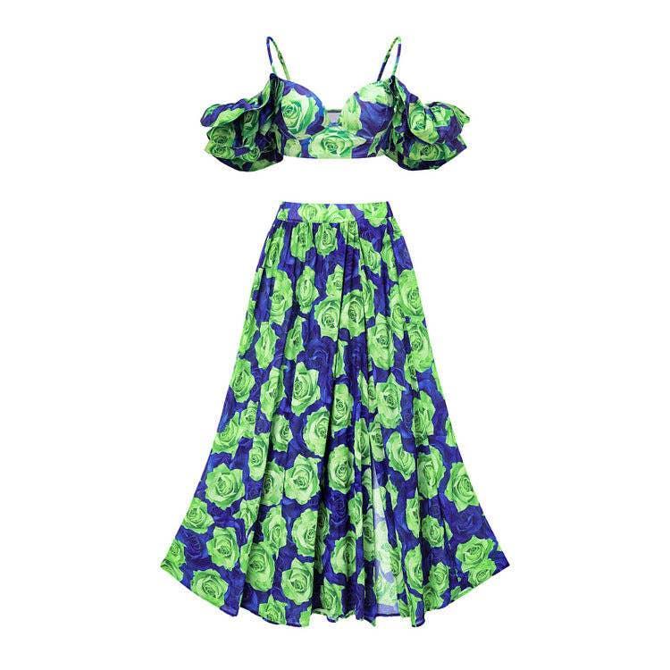 Ruffle Shoulder 2PCS Bikini Set with Skirt/Pants Cover