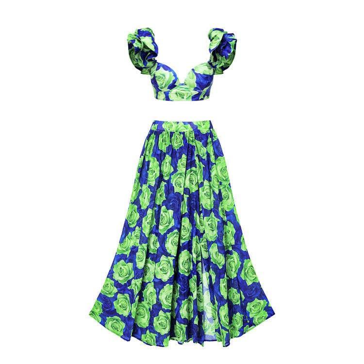 Ruffle Shoulder 2PCS Bikini Set with Skirt/Pants Cover