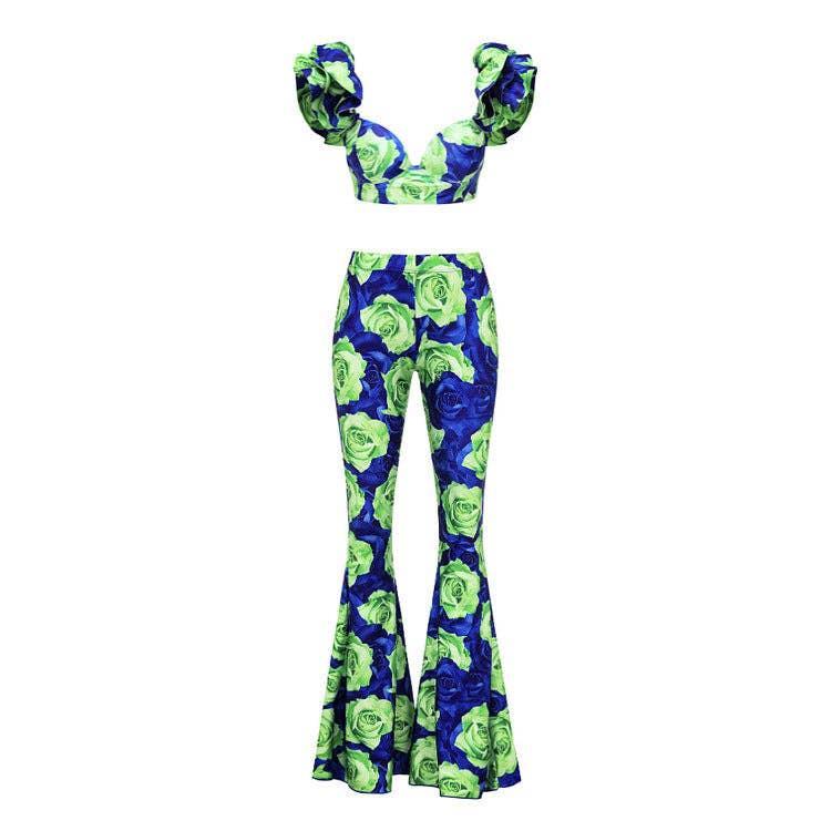 Ruffle Shoulder 2PCS Bikini Set with Skirt/Pants Cover