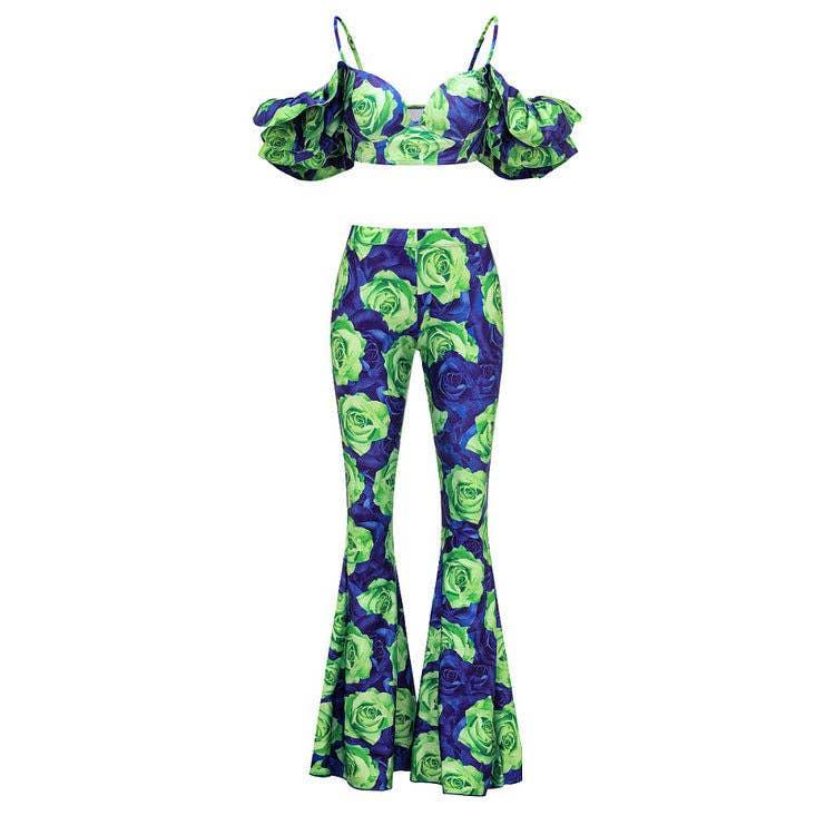 Ruffle Shoulder 2PCS Bikini Set with Skirt/Pants Cover
