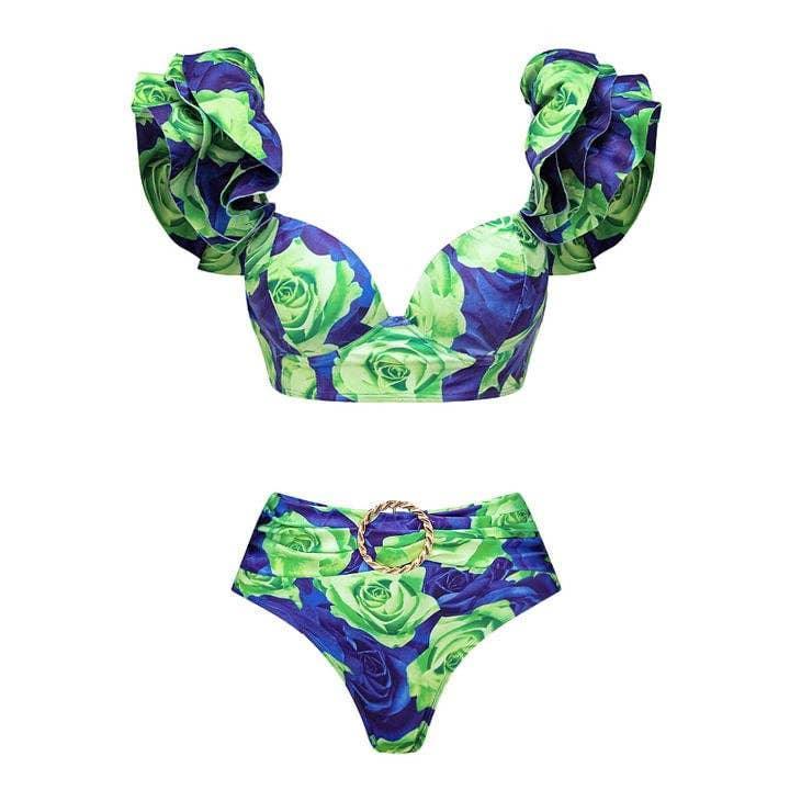 Ruffle Shoulder 2PCS Bikini Set with Skirt/Pants Cover