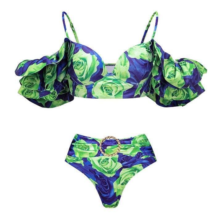 Ruffle Shoulder 2PCS Bikini Set with Skirt/Pants Cover