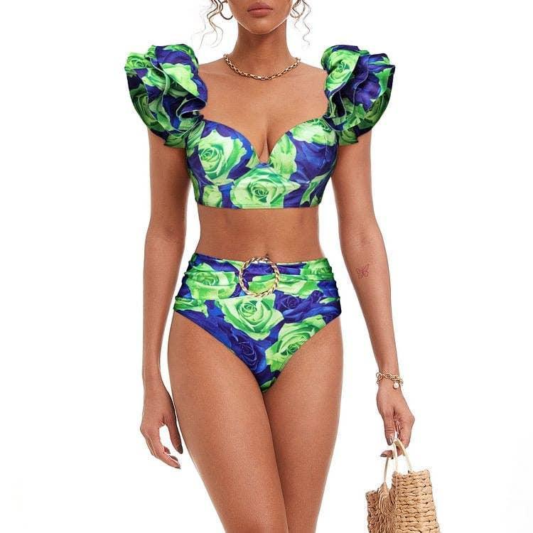 Ruffle Shoulder 2PCS Bikini Set with Skirt/Pants Cover
