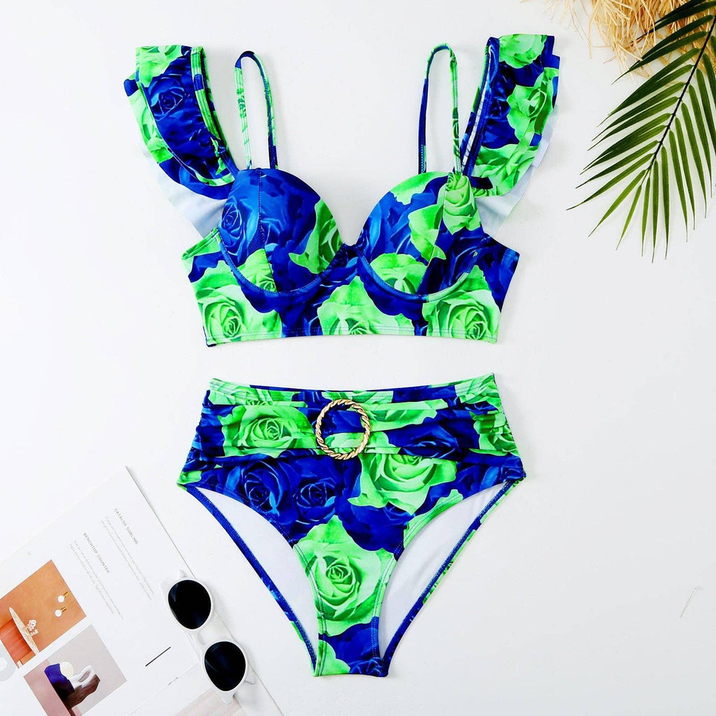 Ruffle Shoulder 2PCS Bikini Set with Skirt/Pants Cover