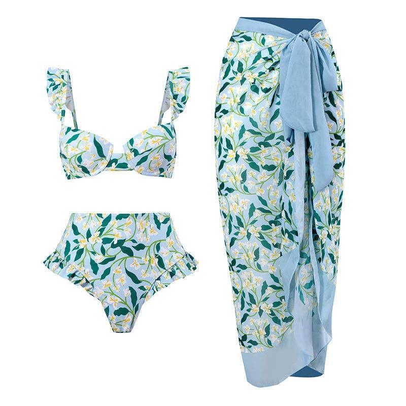 Ruffle Shoulder and Bottom 2PCS Bikini Set with Wrap