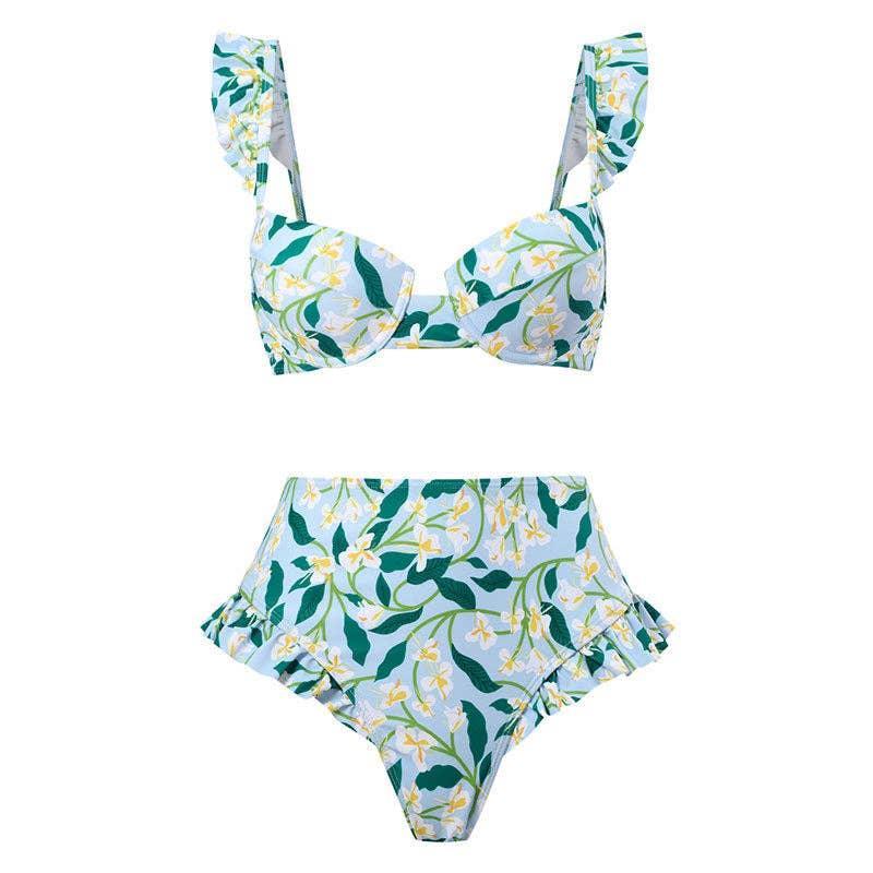 Ruffle Shoulder and Bottom 2PCS Bikini Set with Wrap
