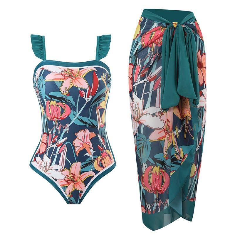 Ruffle Shoulder One Piece Swimsuit with Sarong Wrap Up