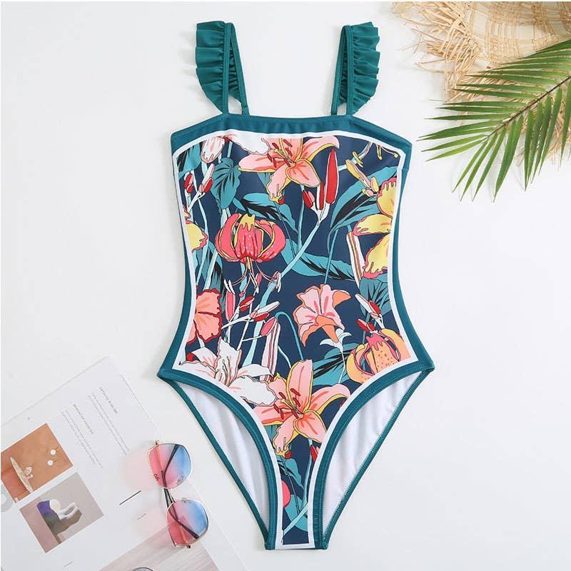 Ruffle Shoulder One Piece Swimsuit with Sarong Wrap Up