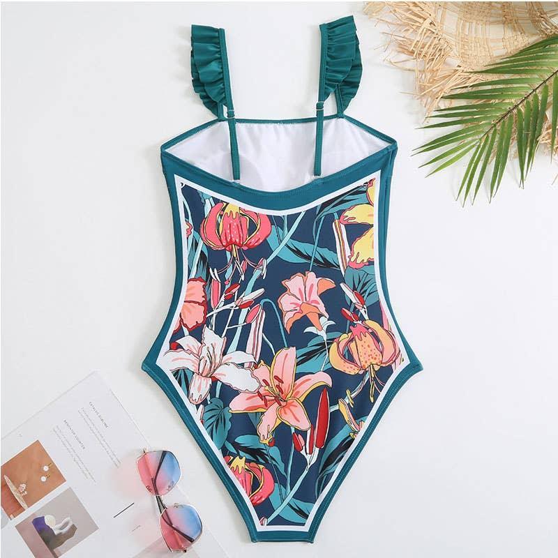 Ruffle Shoulder One Piece Swimsuit with Sarong Wrap Up