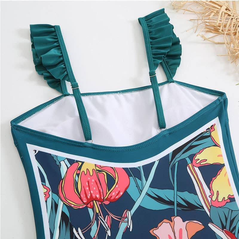 Ruffle Shoulder One Piece Swimsuit with Sarong Wrap Up