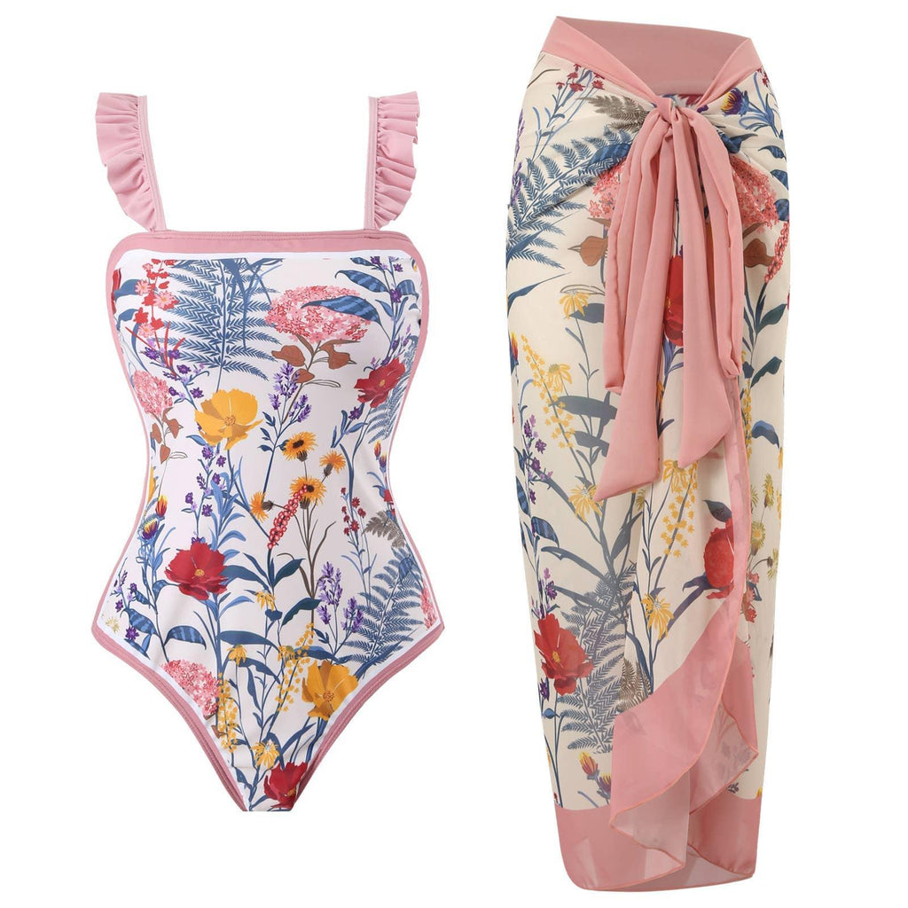 Ruffle Shoulder One Piece Swimsuit with Sarong Wrap Up