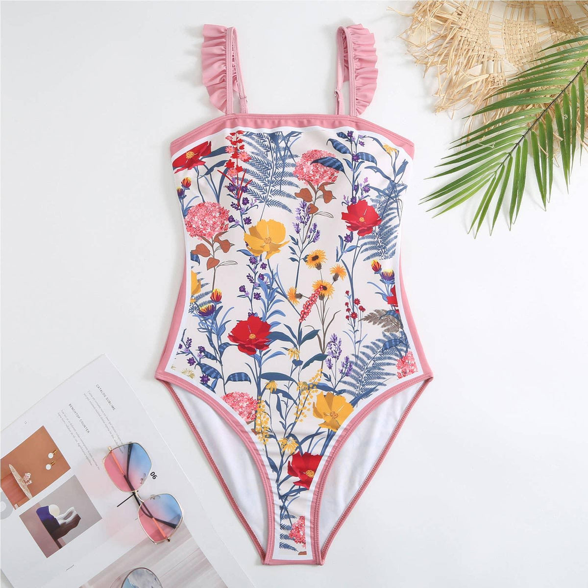 Ruffle Shoulder One Piece Swimsuit with Sarong Wrap Up