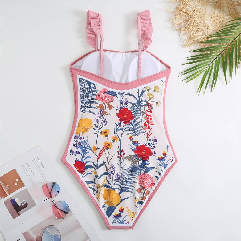 Ruffle Shoulder One Piece Swimsuit with Sarong Wrap Up