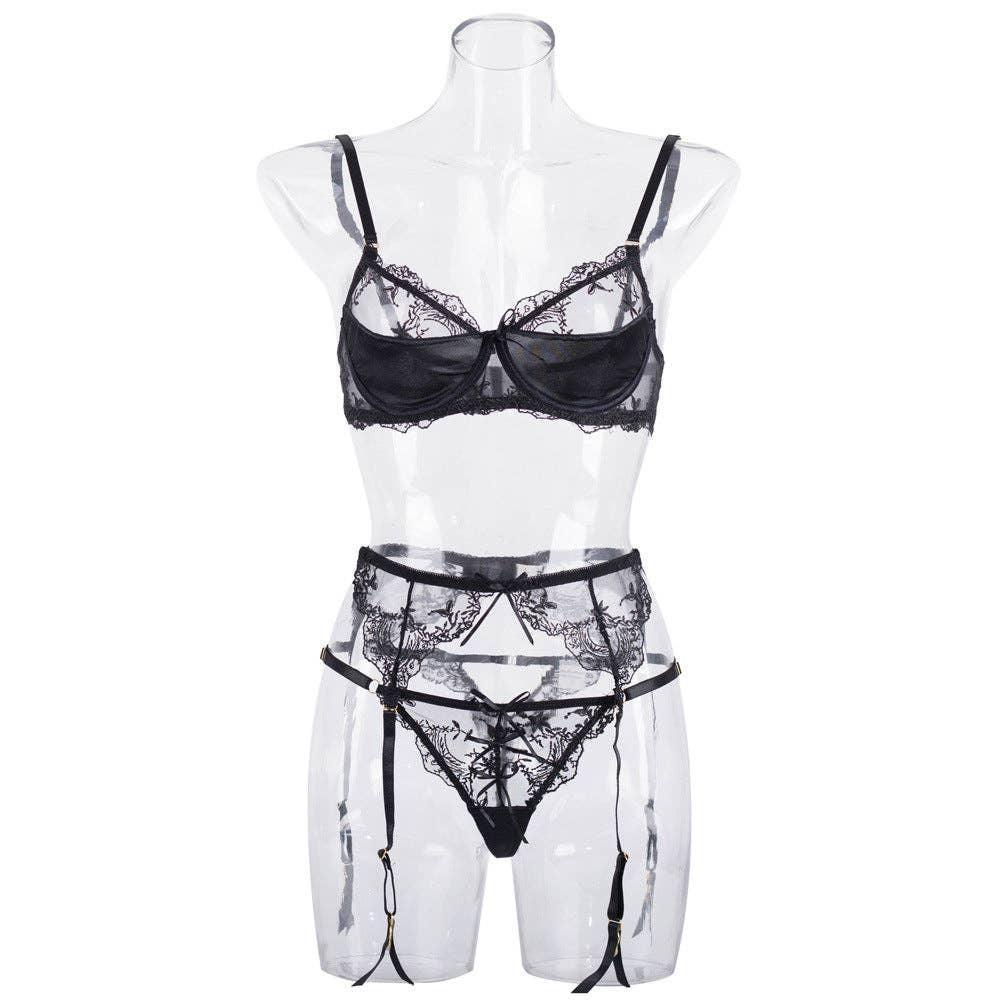 Sexy Embroidery Lingerie Set with Garter Belt CQX0523