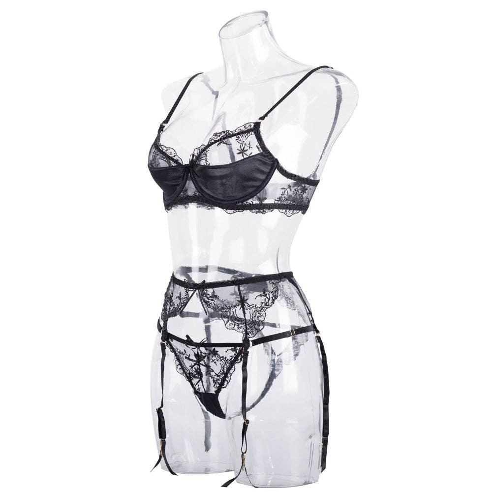 Sexy Embroidery Lingerie Set with Garter Belt CQX0523