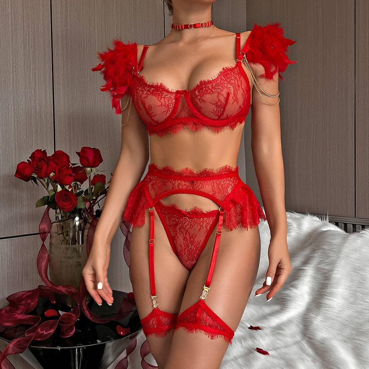 Sexy Lace Feather Lingerie Set with Garter Belt