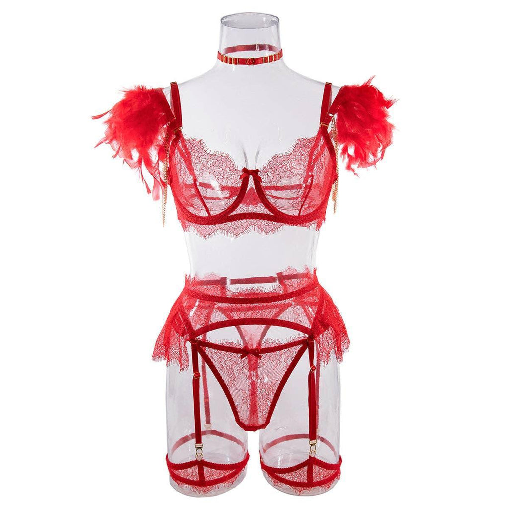 Sexy Lace Feather Lingerie Set with Garter Belt