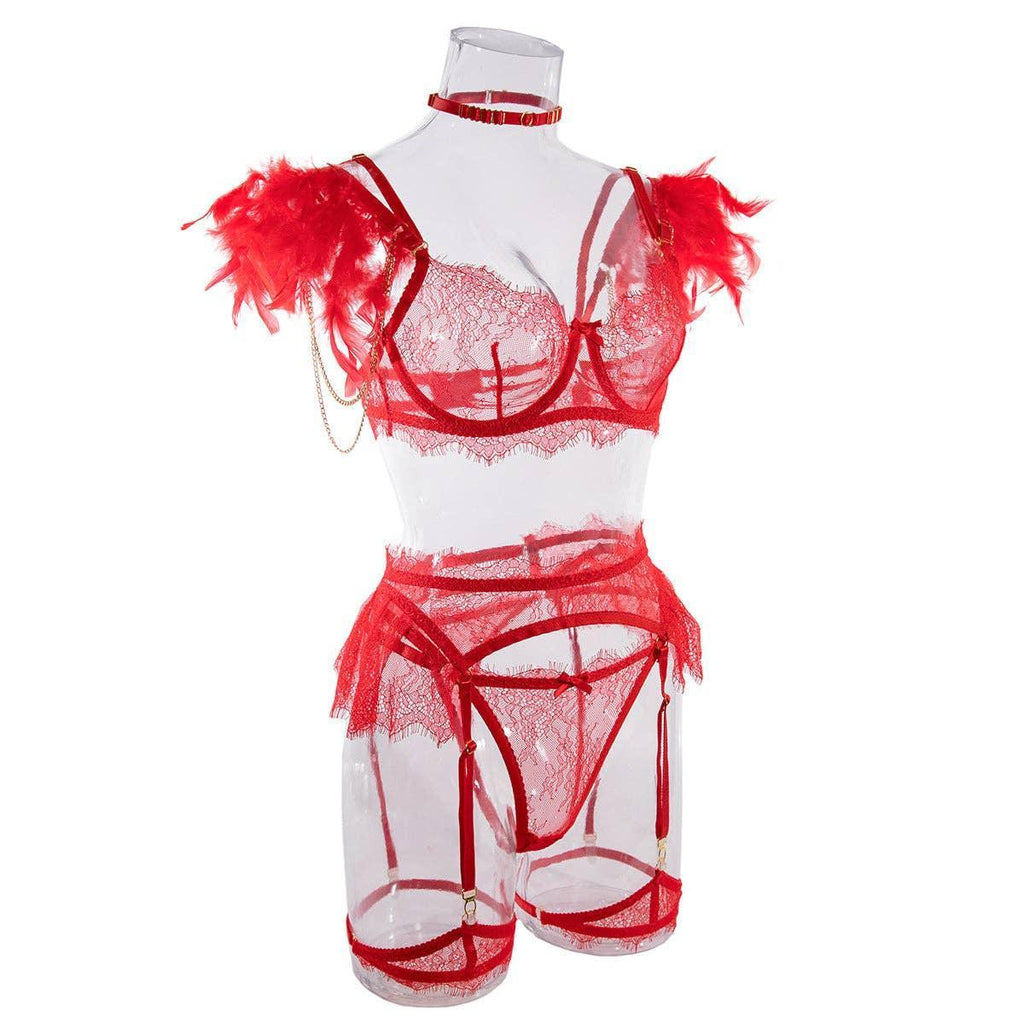 Sexy Lace Feather Lingerie Set with Garter Belt