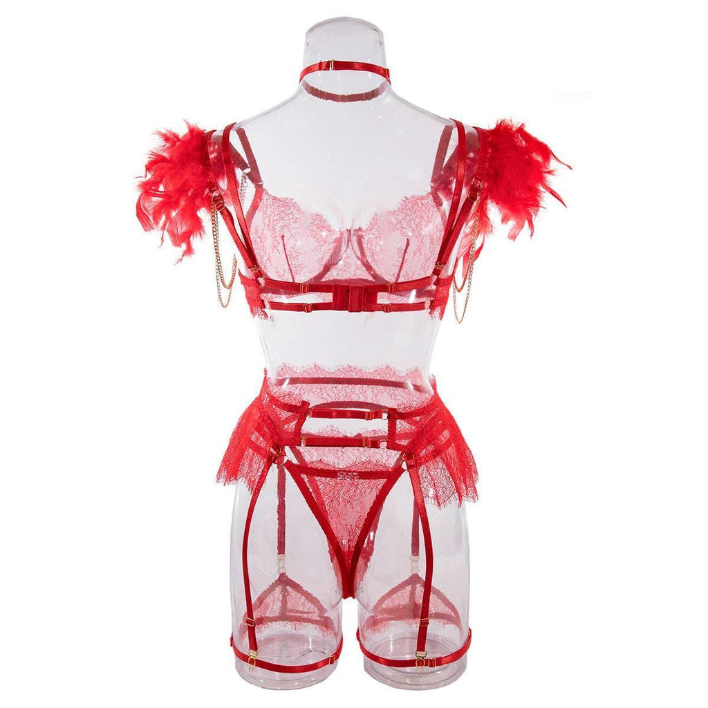 Sexy Lace Feather Lingerie Set with Garter Belt