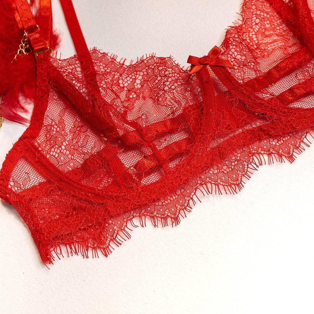 Sexy Lace Feather Lingerie Set with Garter Belt