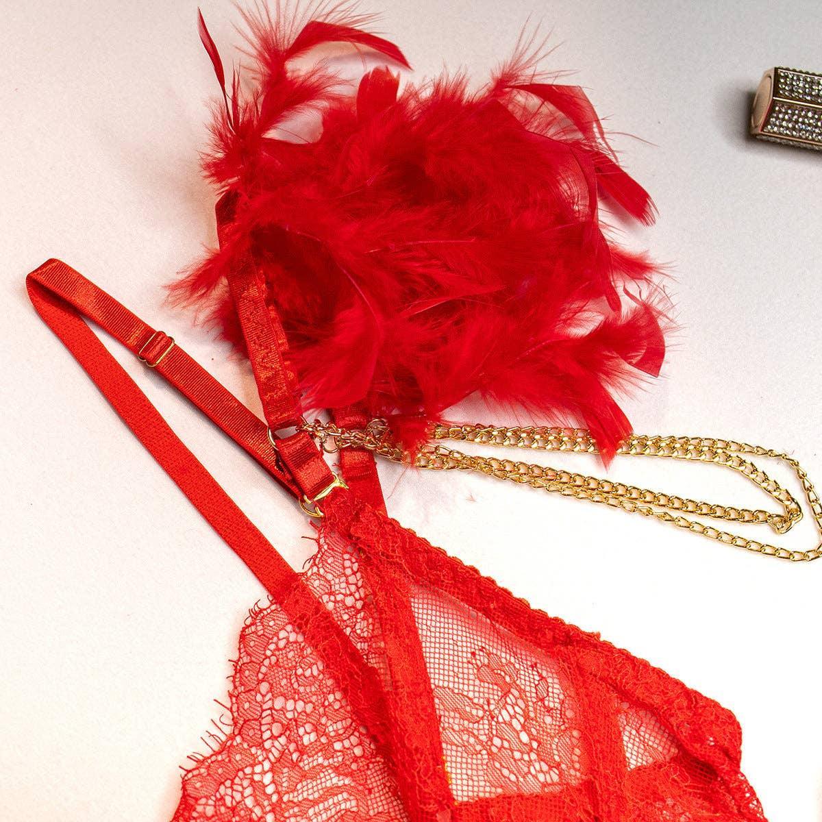 Sexy Lace Feather Lingerie Set with Garter Belt