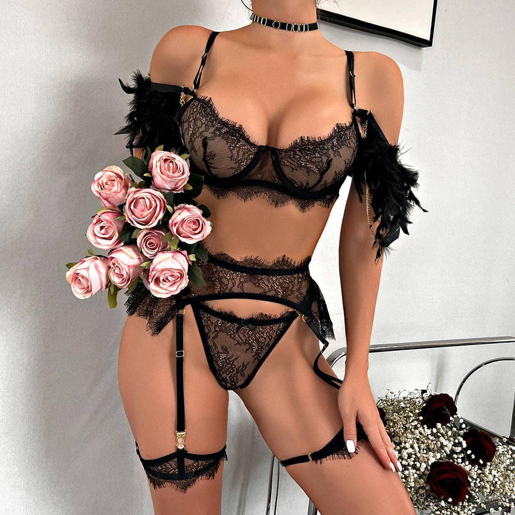 Sexy Lace Feather Lingerie Set with Garter Belt