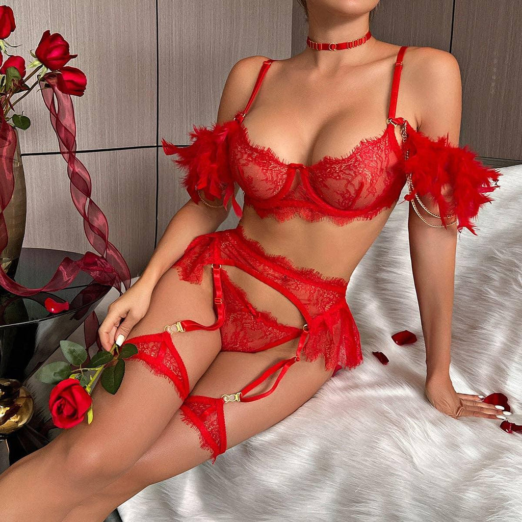 Sexy Lace Feather Lingerie Set with Garter Belt