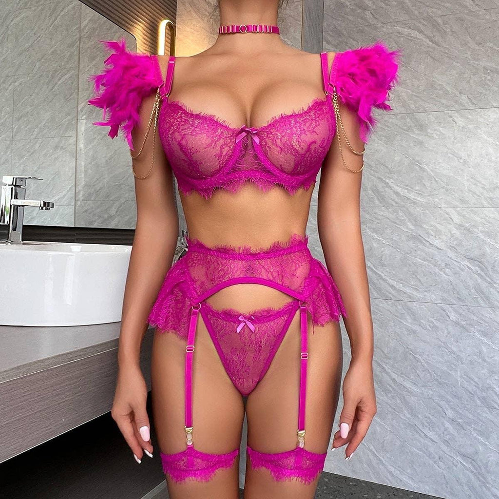 Sexy Lace Feather Lingerie Set with Garter Belt