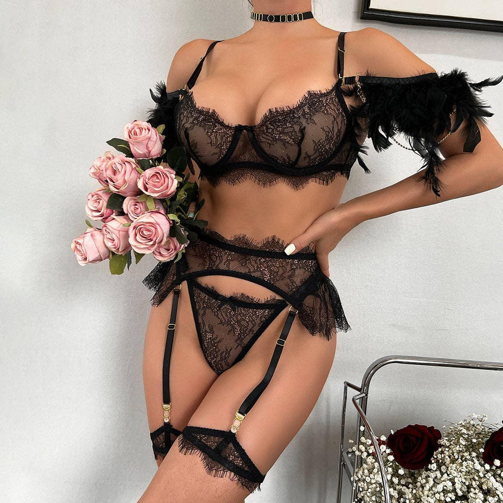 Sexy Lace Feather Lingerie Set with Garter Belt