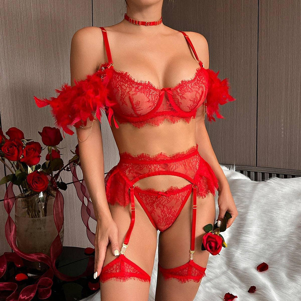 Sexy Lace Feather Lingerie Set with Garter Belt