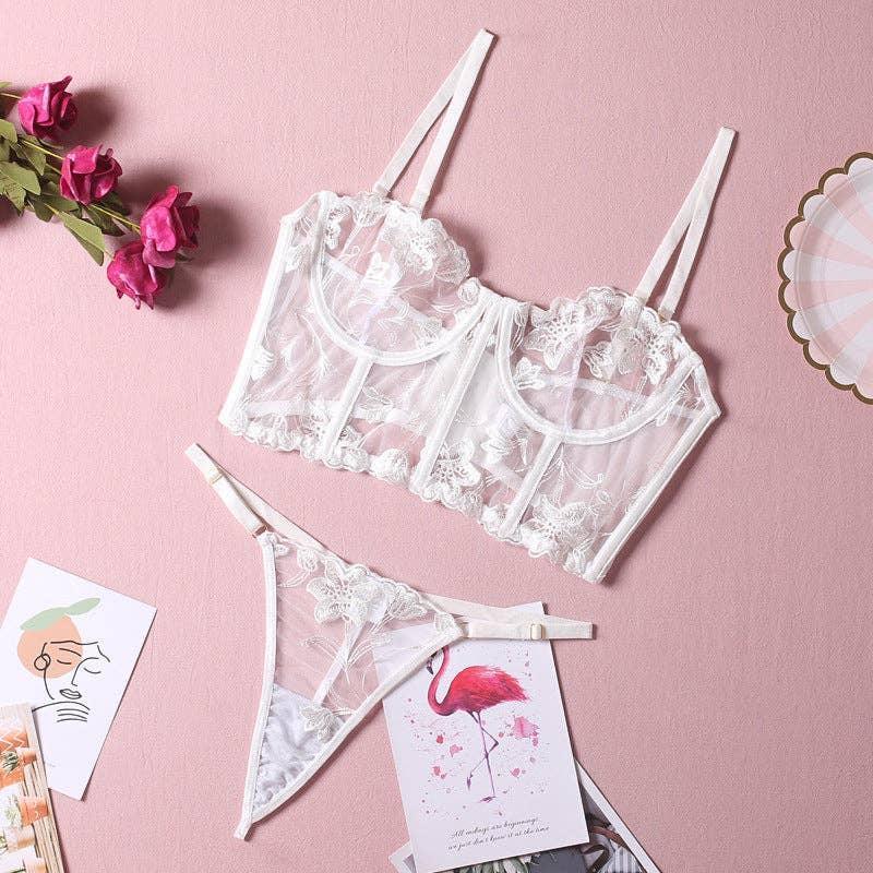 Sexy Solid Color Embroidery 2pcs Lingerie Set