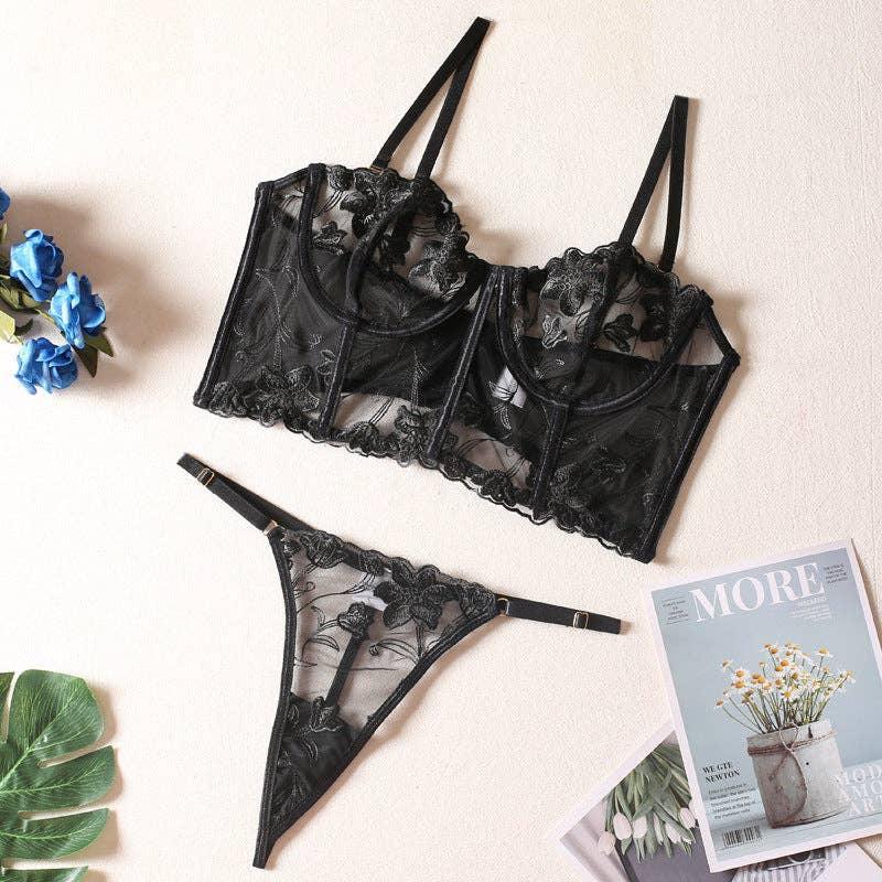Sexy Solid Color Embroidery 2pcs Lingerie Set