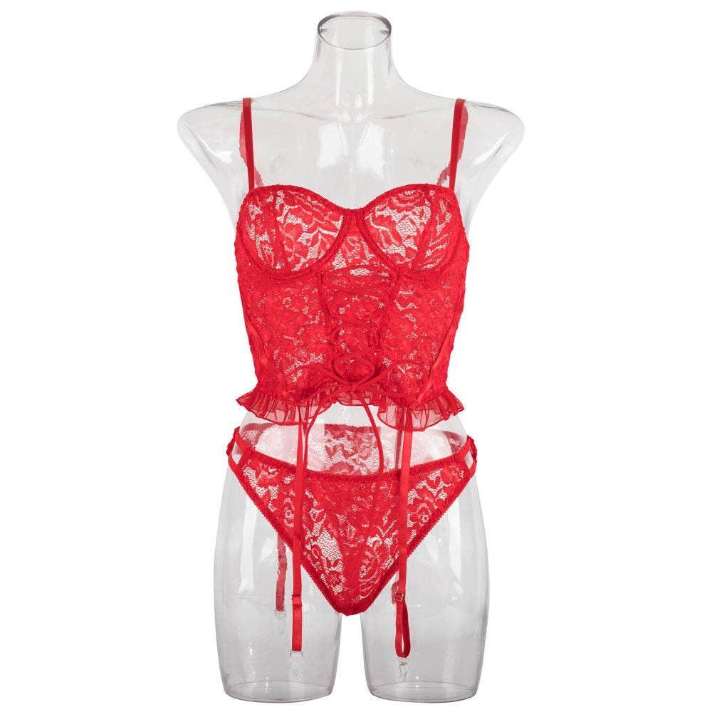 Sexy Solid Color Lace Lingerie Set with Garter
