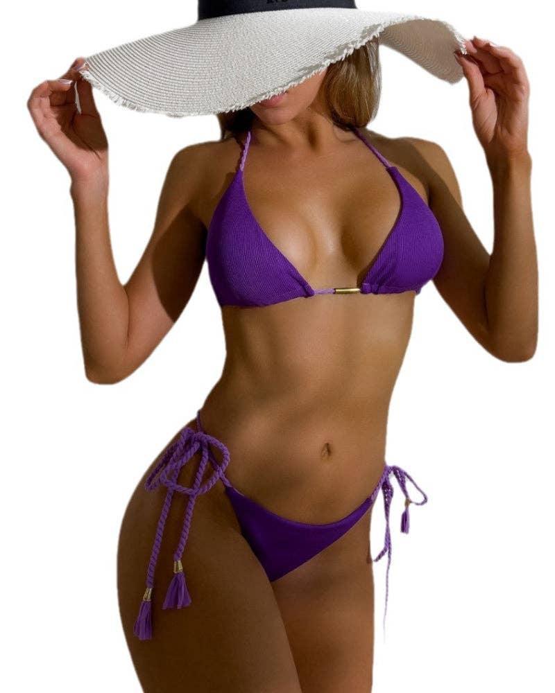Solid Color Halter Micro Thong Triangle Bikini Set S05