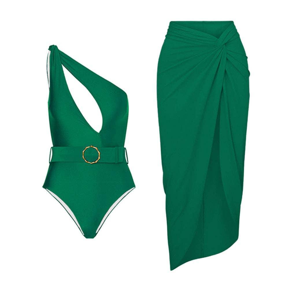 Solid Color One Shoulder One Piece Swimwear with Cover Y185