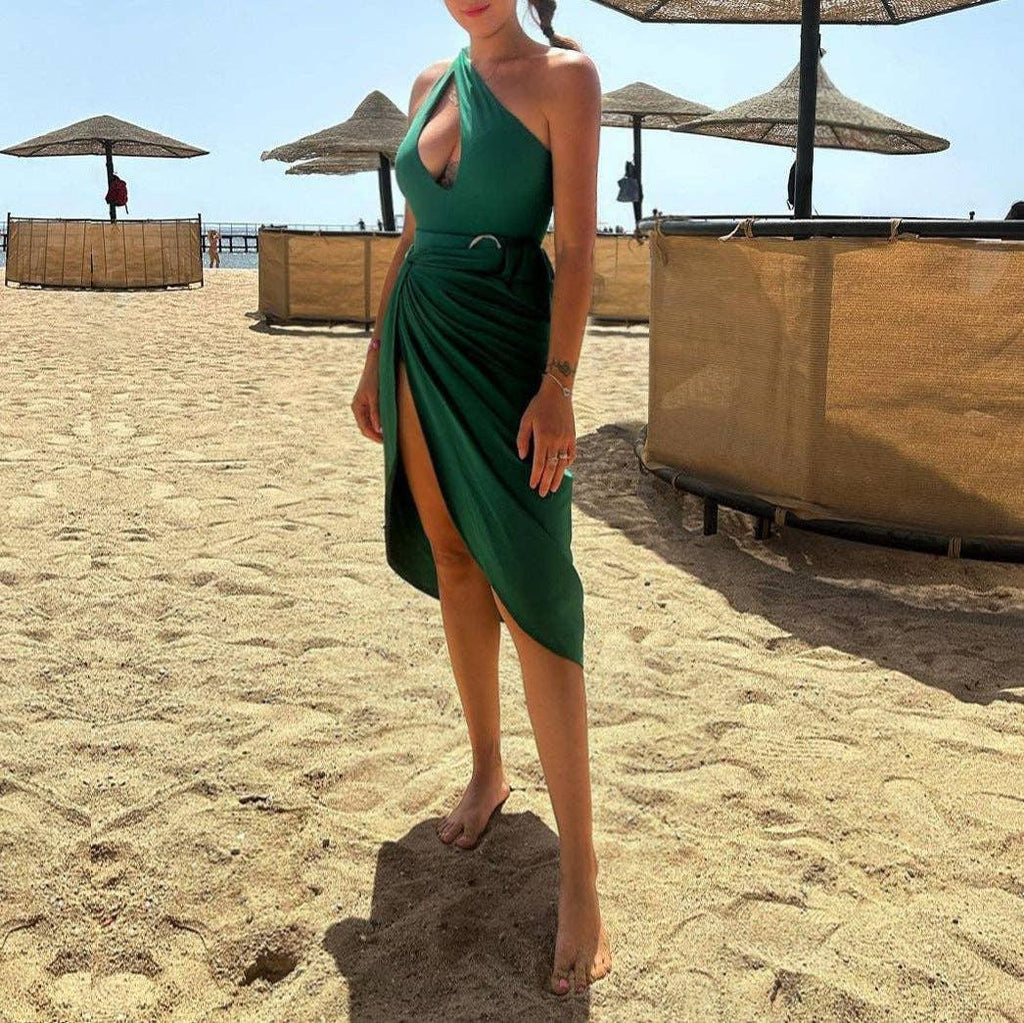 Solid Color One Shoulder One Piece Swimwear with Cover Y185